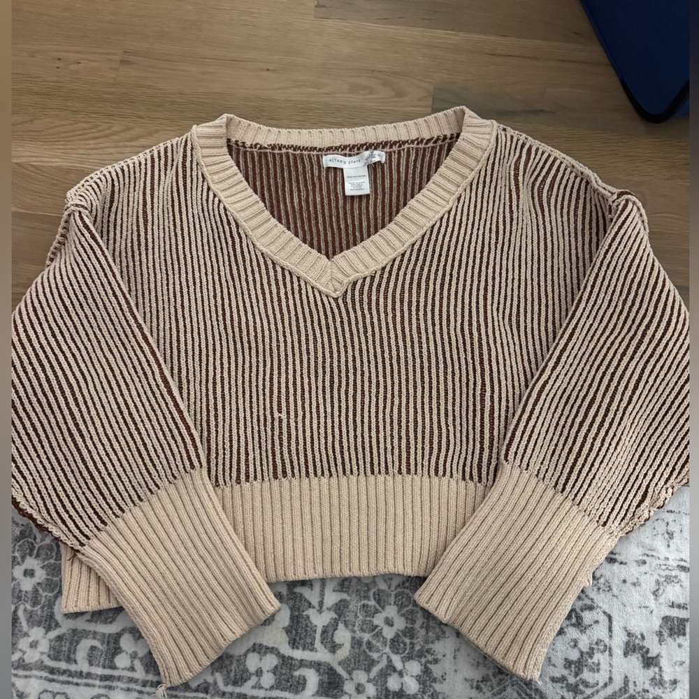 Altar'd State Ribbed V-Neck Sweater - Brown and Cream